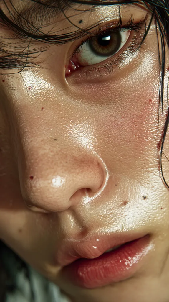Close-up of a woman's face, highlighting her eye, nose, and lips.  Her skin appears dewy and slightly oily, with visible pores and freckles. Dark hair frames her face, partially obscuring her forehead. The focus is sharpest on her eye, showcasing its detailed texture and color.  Her lips are full and slightly parted, with a glossy sheen. The overall impression is one of natural beauty and realism.