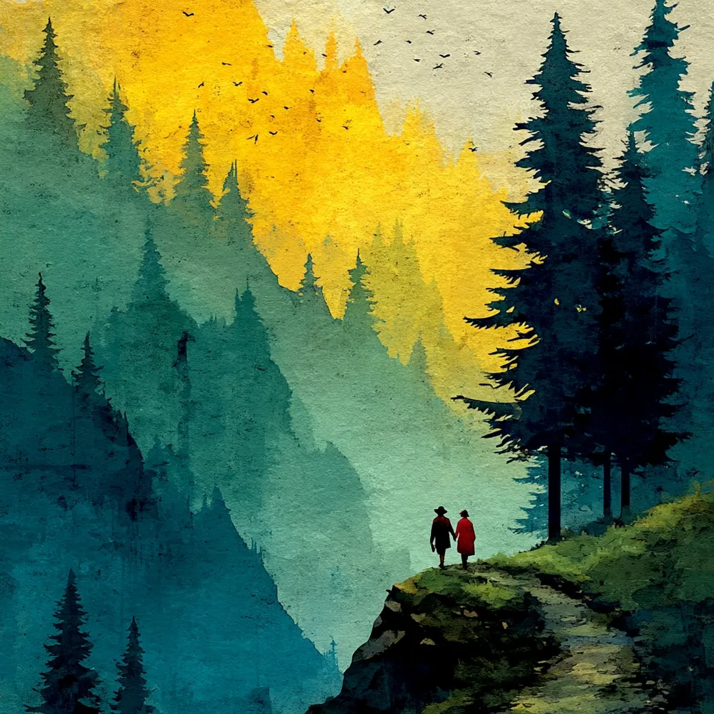 A watercolor painting depicts a serene mountain landscape. Two figures, a man and a woman in red and dark clothing, stand on a path overlooking a deep valley.  Tall evergreen trees dominate the foreground, contrasting with the yellow-hued mountains in the background. A flock of birds flies high above, adding to the peaceful, atmospheric scene. The style is evocative and dreamlike.