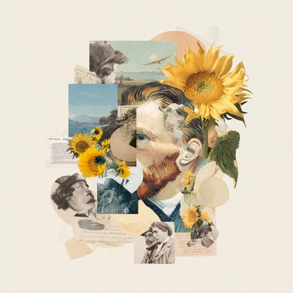 A vibrant collage features a prominent portrait of Vincent van Gogh, surrounded by sunflowers, vintage postcards, and other ephemera.  The artwork blends elements of his life and artistic style, using a textured, layered aesthetic.  Smaller images of other figures and landscapes contribute to a rich, nostalgic atmosphere, reminiscent of a personal scrapbook or memory archive. The overall effect is one of warmth and artistic expression.