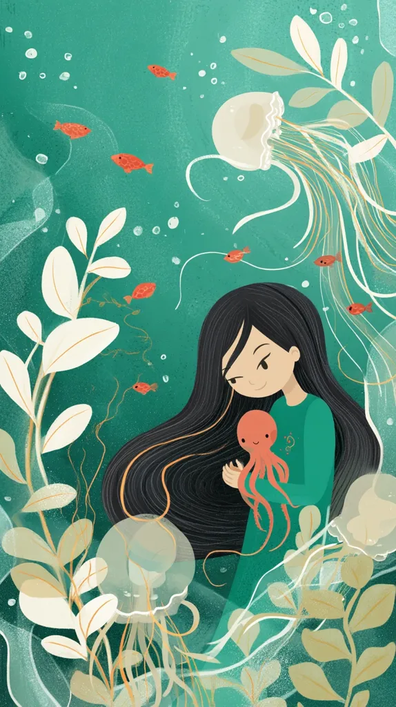 A girl with long black hair sits underwater, cradling a small orange octopus.  She wears a teal shirt and is surrounded by delicate, light-colored aquatic plants, jellyfish with flowing tentacles, and small orange fish. The overall style is whimsical and serene, with soft color palettes and flowing lines creating a peaceful underwater scene.