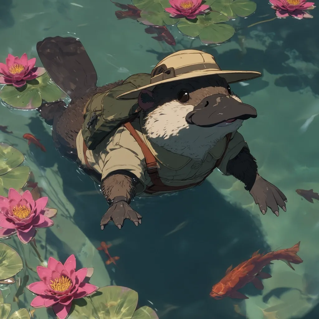 An anthropomorphic platypus, wearing a khaki shirt, backpack, and pith helmet, swims serenely in a pond.  Pink water lilies and orange goldfish surround the platypus, creating a peaceful and whimsical scene. The artistic style is reminiscent of anime or animation, with soft colors and detailed rendering.  The platypus appears calm and content in its aquatic environment.