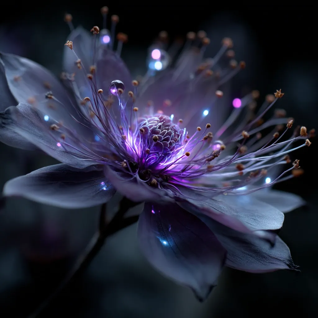 A close-up reveals a digitally enhanced flower, its petals a dusky purple.  Delicate, filament-like structures extend from its center, glowing with vibrant purple and blue light.  Water droplets cling to the filaments, adding to the ethereal quality.  The dark background enhances the flower's otherworldly luminescence, creating a captivating, almost magical image.