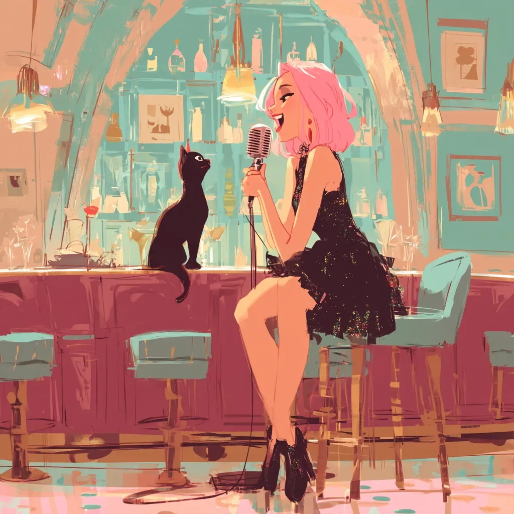 A stylish woman with pink hair sings into a vintage microphone at a bar.  She's wearing a sparkly black dress and high heels. A black cat sits attentively on the bar beside her, seemingly captivated by her performance. The scene is set in a retro-styled bar with a teal and rose color palette, creating a whimsical and charming atmosphere.