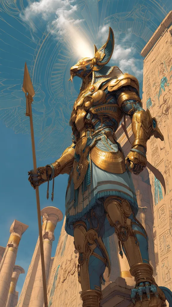 A colossal, golden statue of a jackal-headed god stands before ancient Egyptian architecture.  The statue, imbued with a metallic, almost robotic aesthetic, holds a spear.  Hieroglyphs adorn the surrounding pillars and walls.  A bright light emanates from above, illuminating the god's head. The scene blends ancient Egyptian motifs with futuristic design elements.