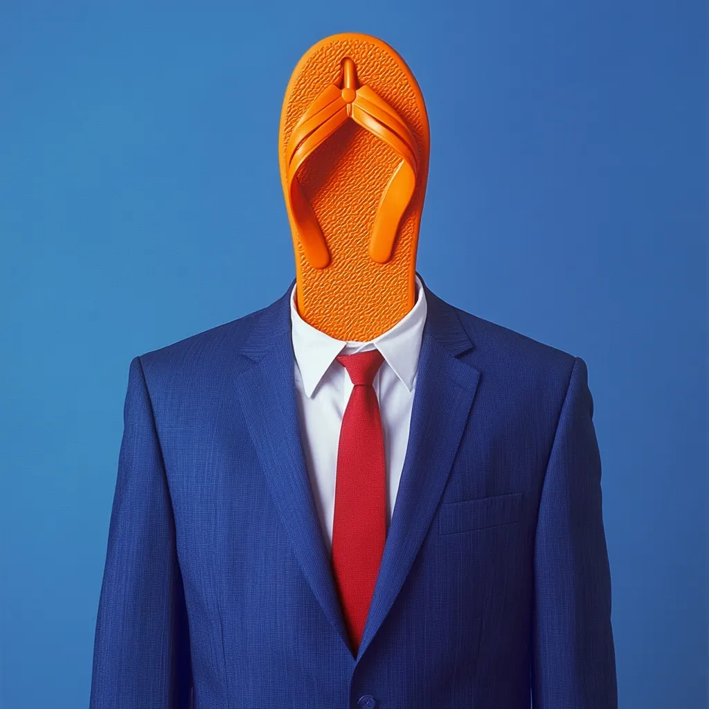 A surreal image depicts a businessman's suit with an orange flip-flop replacing the head.  The contrast between the formal attire and the casual footwear creates a humorous and unexpected juxtaposition. The bright orange of the flip-flop stands out against the dark blue suit and solid red tie. The backdrop is a plain blue, focusing attention on the central figure.
