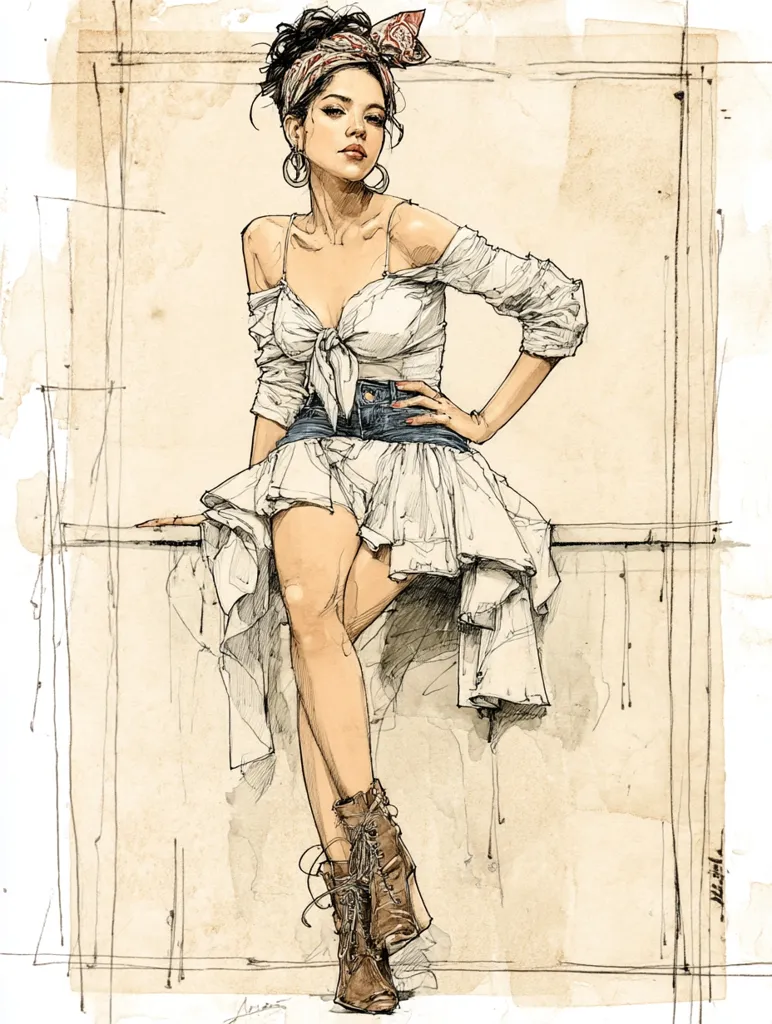 A stylish woman with dark hair tied up with a bandana sits perched on a ledge. She's dressed in an off-the-shoulder white peasant blouse tied at the waist over denim shorts, and a flowing white skirt.  Her confident pose is accentuated by brown lace-up boots. The illustration is rendered in a soft sepia tone with visible sketch lines, giving it a vintage feel.
