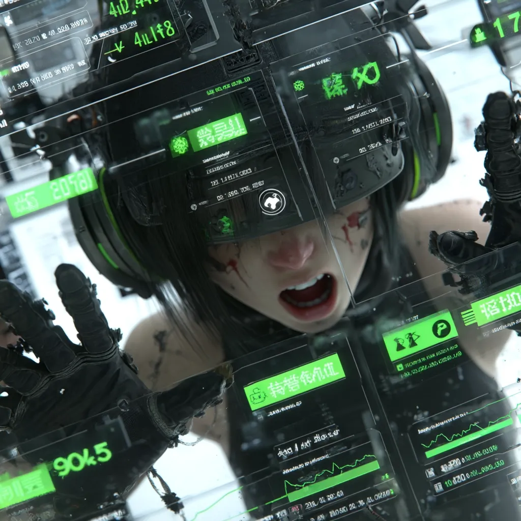 A futuristic female cyborg, wounded and screaming, is intensely focused on multiple translucent holographic screens displaying complex data streams and graphs in green and black.  She wears a black helmet with green accents and gloves, her face partially obscured by the screens, creating a visually striking and dramatic scene. The setting appears to be a snowy, desolate landscape.