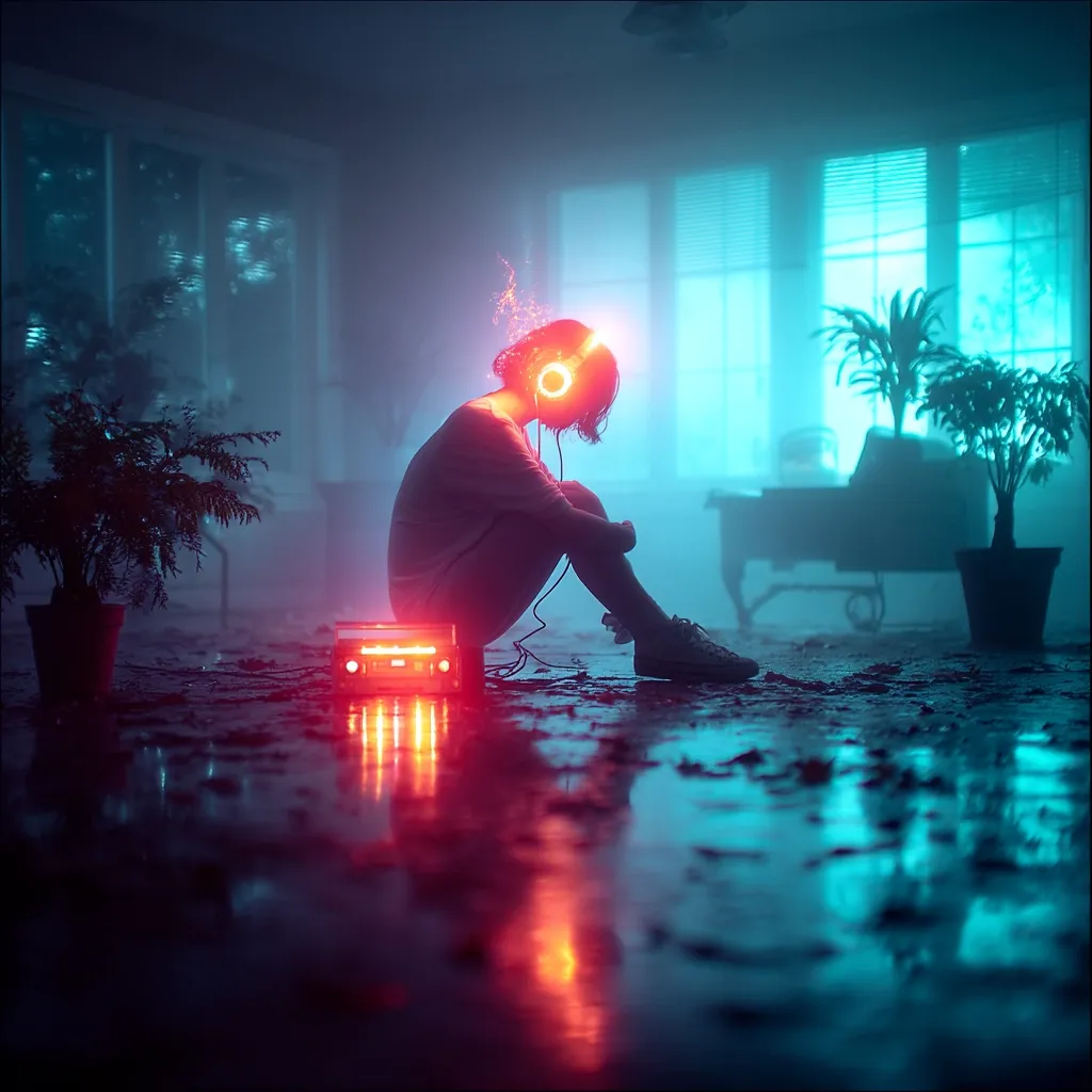A young woman sits on the floor of a dimly lit, abandoned room, headphones glowing with vibrant orange light.  She's connected to a retro-style stereo, also glowing red.  The scene is bathed in a cool blue and warm orange light, creating a futuristic, melancholic atmosphere.  Plants sit in pots around her, adding to the desolate yet vibrant setting.  The reflective floor emphasizes the neon glow.