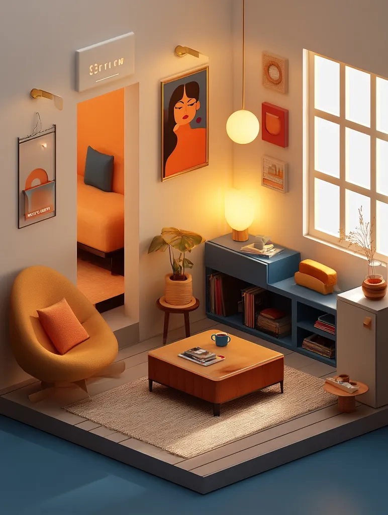 A cozy, minimalist living room is depicted in an isometric view.  Warm lighting illuminates a mustard-yellow armchair, a low coffee table with magazines and a mug, and a blue shelving unit holding books.  Artwork adorns the walls, complementing the orange and teal color scheme. A glimpse of a bedroom is visible through a doorway. The overall aesthetic is calm and inviting.