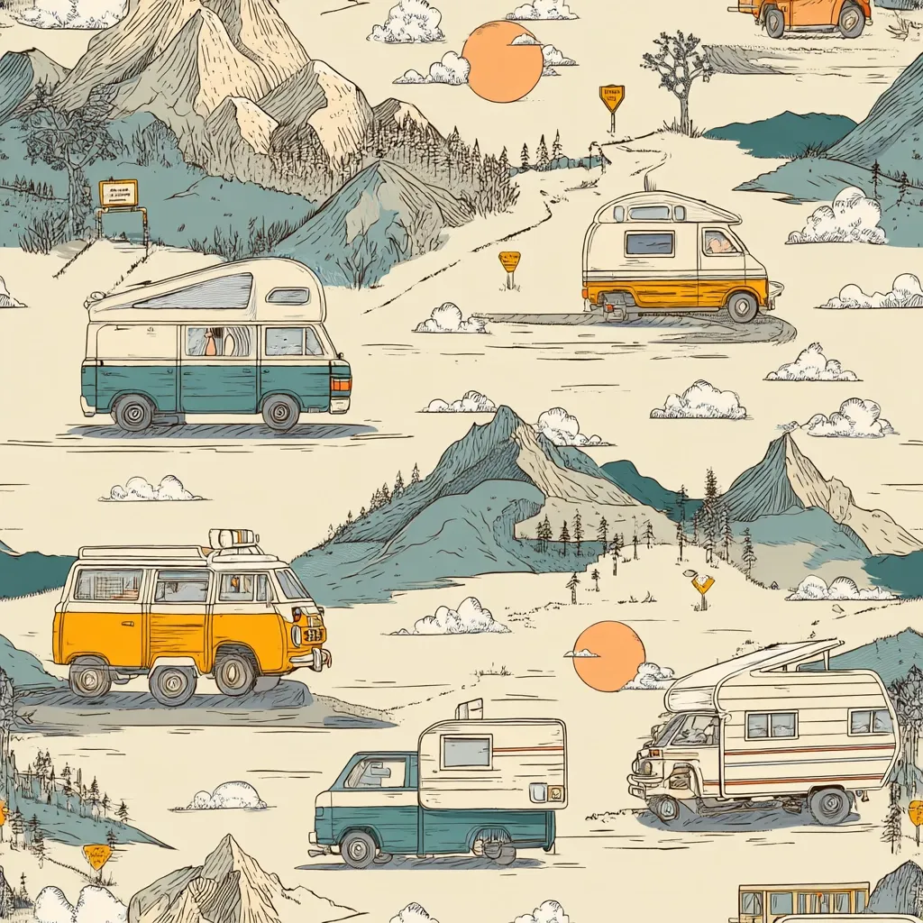 A whimsical illustration features various vintage camper vans traversing scenic mountain landscapes.  The hand-drawn style depicts teal, orange, and white vehicles on winding roads, passing through forests and under a setting sun.  The overall aesthetic evokes a nostalgic and adventurous road trip theme, with a repeating pattern suitable for fabric or wallpaper.
