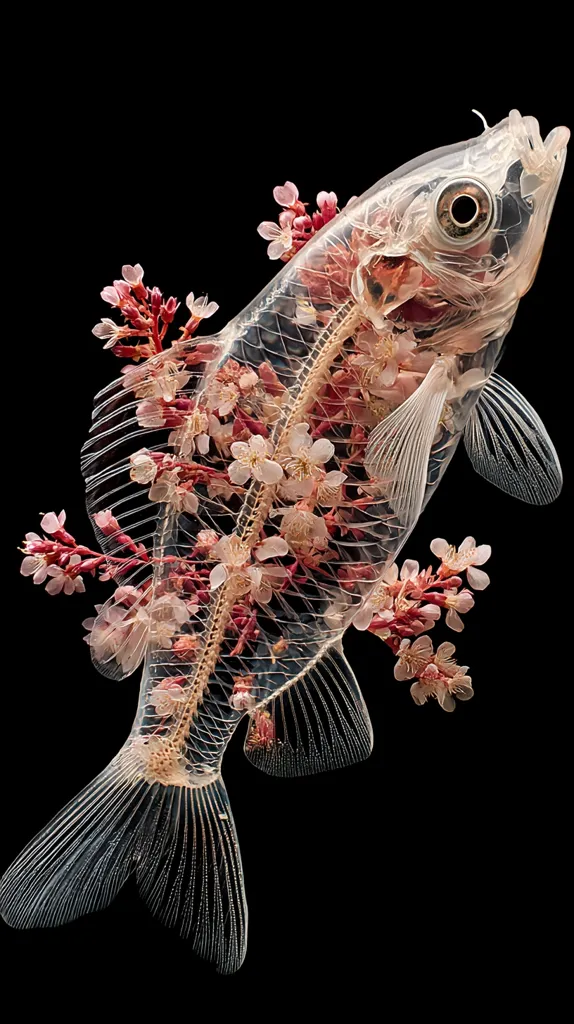 A translucent fish skeleton is artfully adorned with delicate pink blossoms. The intricate bone structure of the fish is clearly visible, contrasting beautifully with the vibrant flowers nestled within and around its form. The image is set against a stark black background, highlighting the ethereal beauty of the piece.  The overall effect is both delicate and striking.