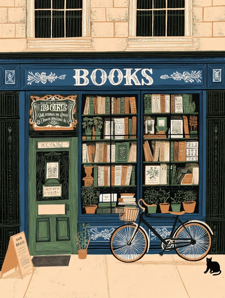 A charming illustration depicts a quaint bookstore with a dark blue facade.  The windows are filled with bookshelves overflowing with volumes.  Potted plants adorn the windowsills, adding a touch of nature. A bicycle leans against the building, and a small black cat sits on the pavement. A small sign stands outside, advertising "JAR BOOTH." The overall style is whimsical and evocative of a cozy, old-world atmosphere.