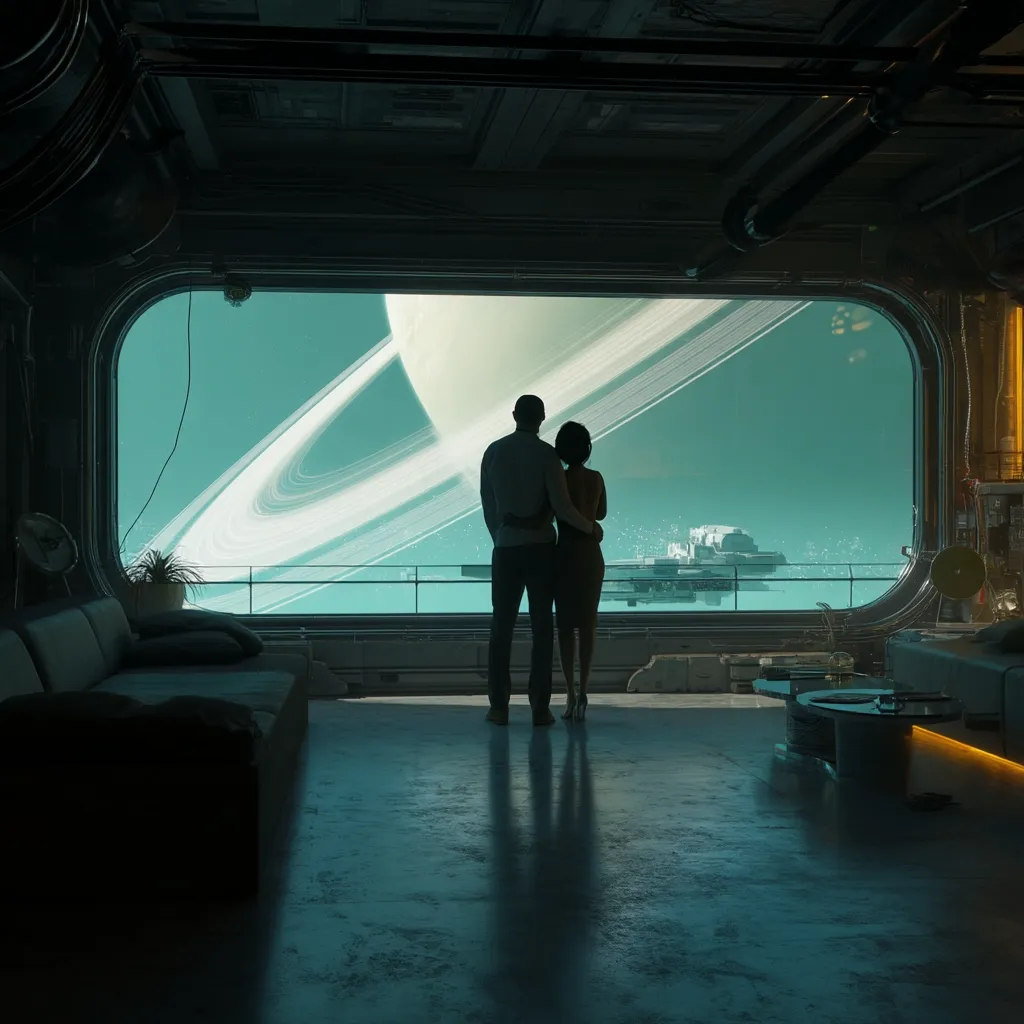 A couple stands embraced, gazing out a large panoramic window at a breathtaking view.  A ringed planet dominates the teal-hued alien sky, a spaceship subtly positioned in the distance.  The futuristic interior is sleek and minimalist, suggesting a space station or orbital habitat. The scene evokes a sense of awe and quiet intimacy within a vast, unexplored universe.