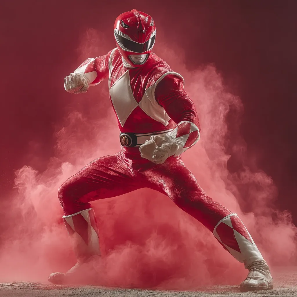 A person in a red Power Ranger costume is captured in a dynamic pose amidst a red smoke cloud.  The costume is detailed, showing the iconic helmet, chest emblem, and boots. The figure’s stance suggests action and readiness, creating a powerful and visually striking image. The red smoke enhances the dramatic effect.