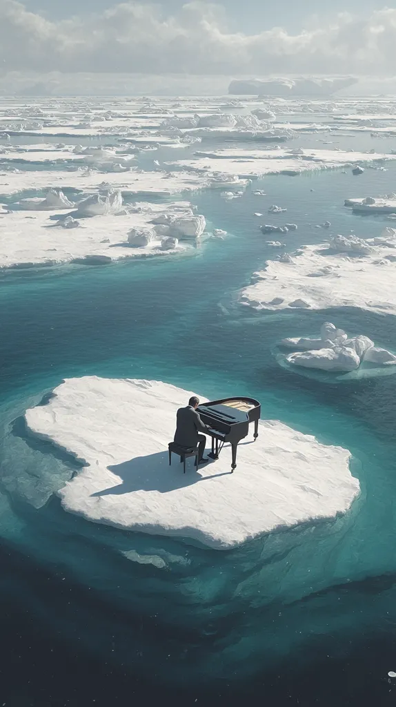 A lone pianist sits at a grand piano positioned on a small, isolated iceberg adrift in a vast expanse of turquoise ocean.  The iceberg is surrounded by a field of broken ice floes, stretching to a distant horizon under a pale sky. The scene evokes a sense of isolation and serenity amidst a breathtaking, icy landscape.  The contrast between the man, the piano, and the cold, desolate environment is striking.