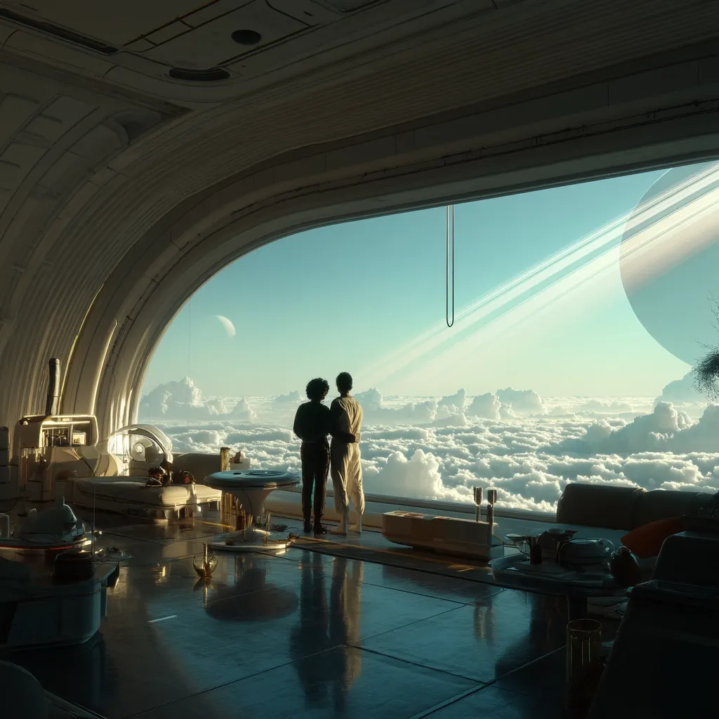 A futuristic interior features a large, curved window offering a breathtaking view of a planet with rings, floating above a sea of clouds. Two silhouetted figures stand embracing, gazing out at the stunning panorama. The room is sleek and minimalist, with modern furniture reflecting the ethereal beauty of the landscape.  A sense of peace and wonder pervades the scene.