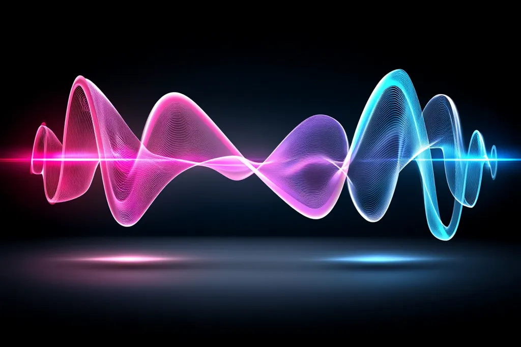 A vibrant, abstract image showcases a flowing, wave-like form.  The wave is rendered in translucent pink and blue hues, creating a sense of depth and movement against a dark background.  Thin, interwoven lines form the wave's structure, giving it a delicate, almost ethereal quality.  Bright lines of light accentuate the wave's form, enhancing its dynamic energy.