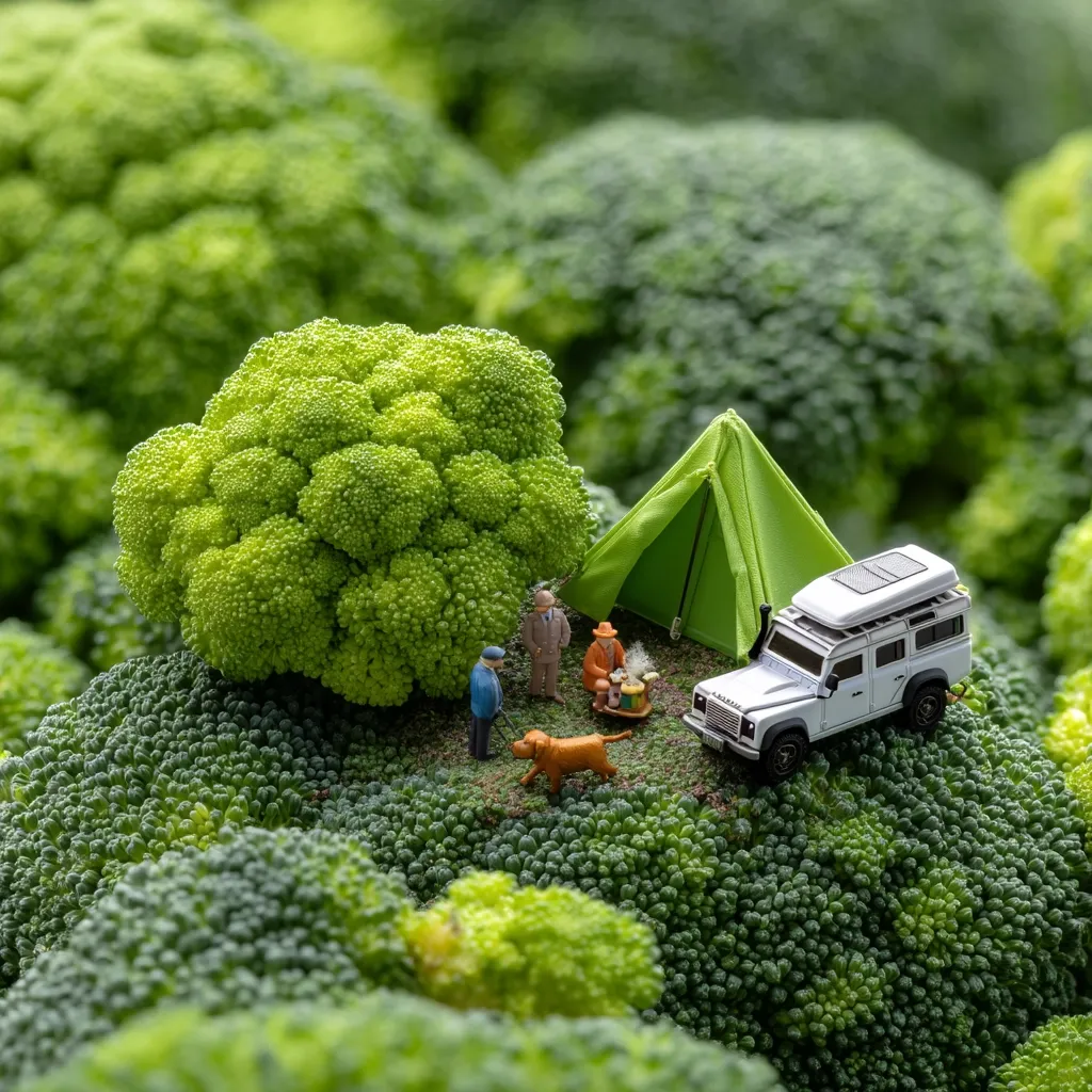 A miniature camping scene is nestled amongst large broccoli florets.  Tiny figures representing campers are gathered around a small tent and campfire, with a Land Rover parked nearby.  A miniature dog is also present. The vibrant green of the broccoli creates a lush and whimsical backdrop for this charming diorama.