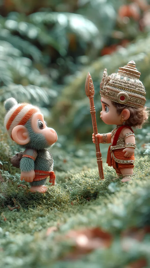 A charming image showcases a miniature Hanuman, adorned in a golden crown and holding a spear, facing a small, furry monkey.  Both figures are meticulously detailed, standing amidst a bed of lush green moss in a forest setting. The scene evokes a sense of tranquility and a possible interaction between the Hindu deity and his devoted companion.  The soft lighting and focus enhance the whimsical nature of the figurines.
