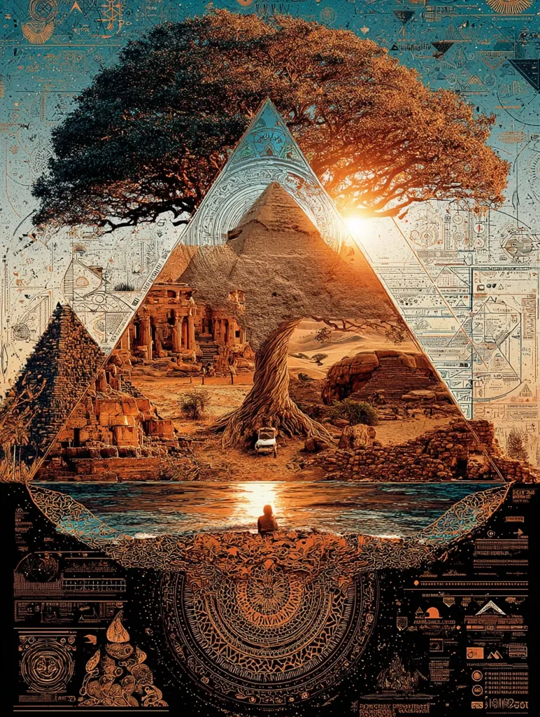 A serene landscape is depicted within a geometric triangle, showcasing ancient Egyptian pyramids and ruins under a large, sprawling tree.  A calm body of water reflects the setting sun, with a lone figure seated on the shore.  Intricate, geometric designs and symbolic markings frame the scene, suggesting a mystical or historical narrative. The overall style blends realism with intricate, almost mystical, artistic elements.