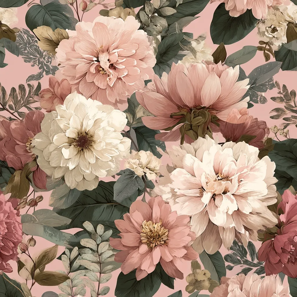 A seamless pattern showcases a lush bouquet of blush pink and creamy white flowers, predominantly dahlias and zinnias.  The blooms are richly detailed, with varying shades and textures, creating a romantic and vintage aesthetic. Dark green foliage provides contrast against the soft pink background, enhancing the floral arrangement's depth and beauty.  The overall style is opulent and reminiscent of classical botanical illustrations.