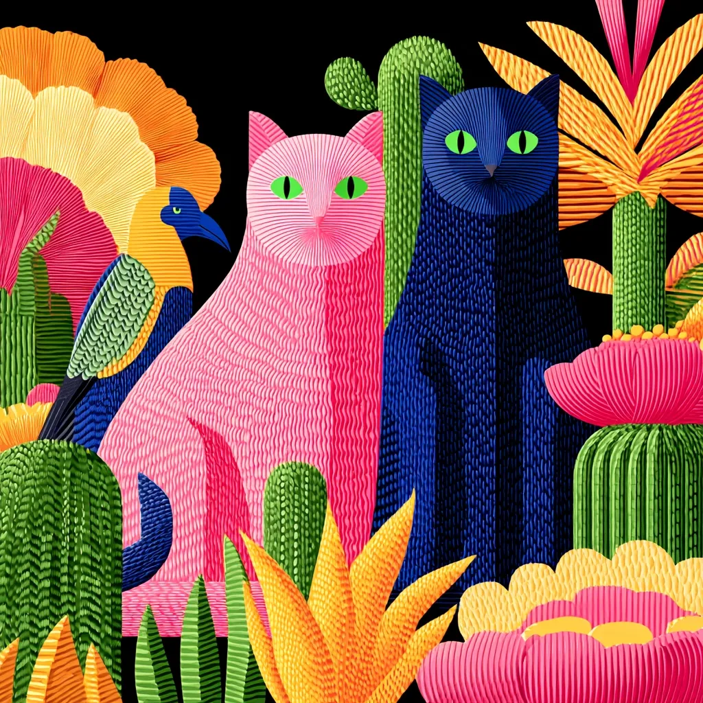 A vibrant illustration features a pink and a blue cat seated amidst a lush, stylized jungle.  Brightly colored cacti, flowers, and a green and blue bird add to the tropical scene.  The animals and plants are rendered with a textured, almost embroidered effect, creating a bold and playful aesthetic.  The overall style is highly saturated and graphic.