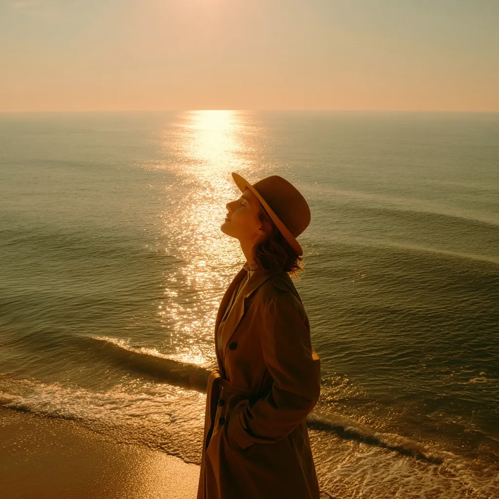 A woman in a tan trench coat and fedora stands on a sandy beach, gazing out at the ocean during sunset.  The sun glistens on the water, creating a warm, golden light. She appears peaceful and contemplative, enjoying the tranquil coastal scene.  The overall mood is serene and atmospheric.