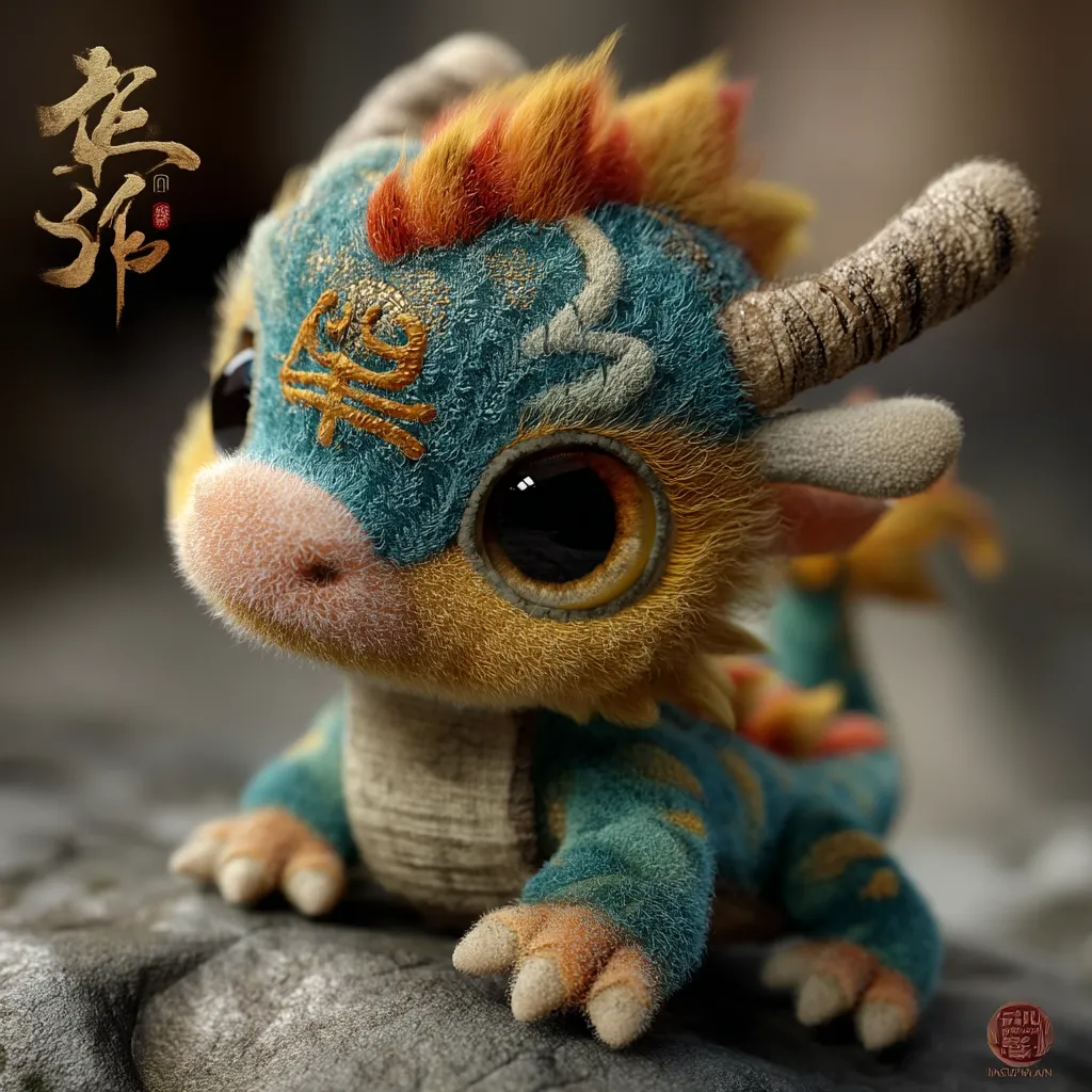 A charming, plush dragon rests on a dark gray stone.  Its fur is predominantly yellow-gold, with teal accents and orange-red highlights on its mane.  Large, expressive eyes and small, clawed paws add to its endearing appearance.  Chinese characters are subtly embroidered onto its body, enhancing its mystical charm. The dragon's overall design suggests a blend of traditional Asian aesthetics and modern cuteness.