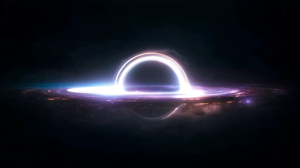 A mesmerizing depiction of a black hole dominates the image.  A luminous, swirling accretion disk of purple and white light encircles the black hole's singularity.  Faint starlight and nebulous clouds are visible in the surrounding deep space, creating a dramatic cosmic scene. The overall effect is one of awe-inspiring beauty and immense gravitational power.