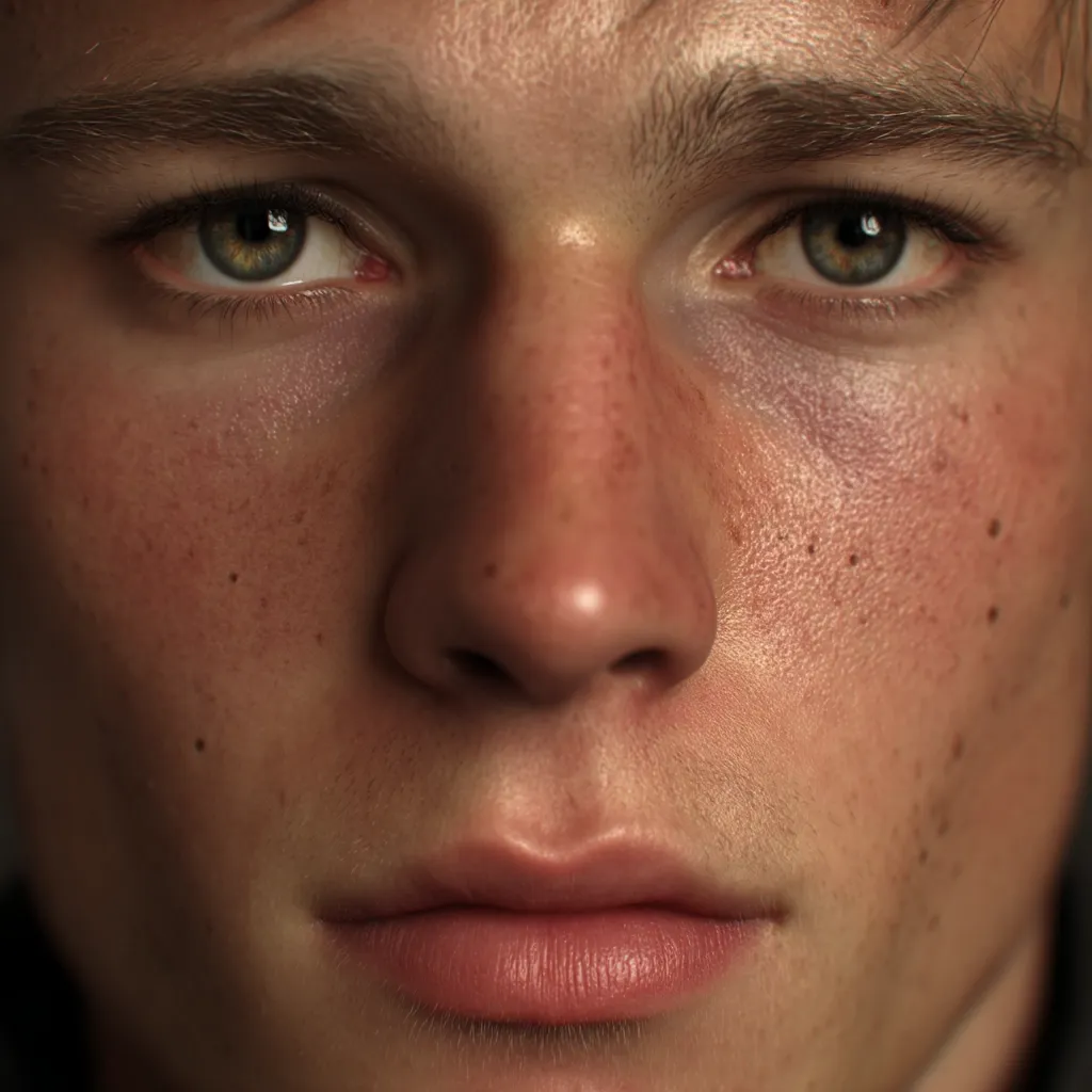 Close-up of a young man's face, showcasing his light skin speckled with freckles.  His eyes are a light hazel, framed by dark eyebrows.  A hint of shadowing is visible under his left eye.  His nose is straight and prominent, his lips full and slightly parted. The overall expression is serious and contemplative.  The image has a soft, slightly diffused lighting.