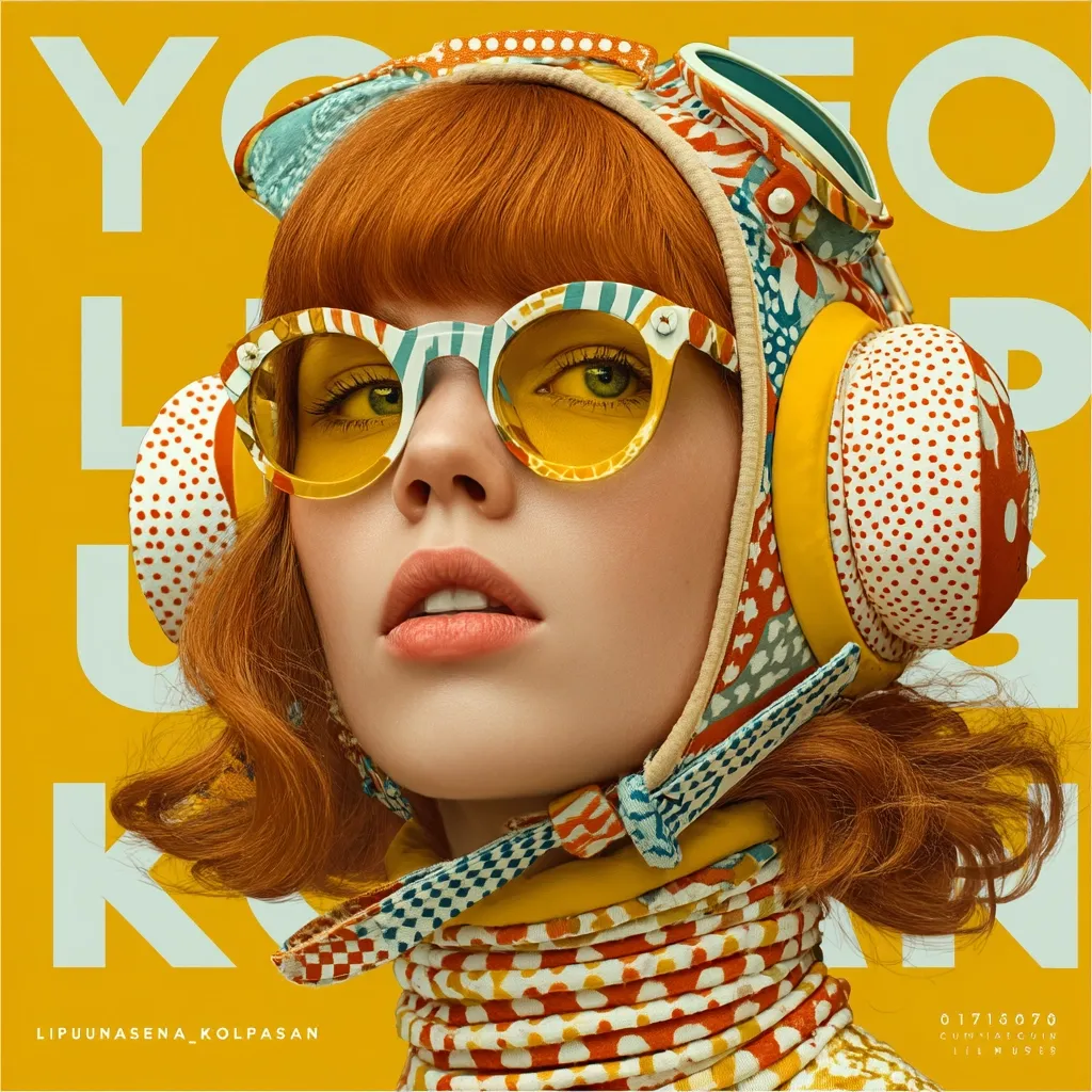 A vibrant fashion image features a model with bright orange hair, oversized yellow sunglasses, and a patterned aviator helmet.  The helmet is incorporated into large, colorful headphones. The background is a bold yellow, with stylized lettering partially obscuring the image. The overall aesthetic is retro and playful, combining bold colors and graphic patterns.  The model's expression is confident and slightly aloof.