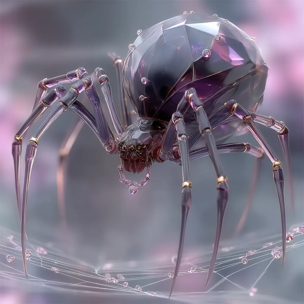 A digital rendering depicts a spider crafted from dark purple glass or crystal. Its segmented body gleams, reflecting light.  Gold accents highlight the joints of its long, slender legs.  Water droplets cling to its surface and the delicate, glistening web below. The overall impression is one of intricate beauty and delicate fragility.