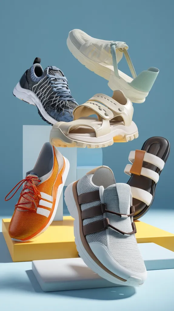 Five shoes are artfully arranged on pastel-colored platforms against a light blue backdrop.  The assortment includes athletic sneakers in orange and blue, a light beige sandal, a white and light-blue open-toe shoe, and a stylish brown and white slide sandal. The vibrant colors and diverse styles create a visually appealing composition.