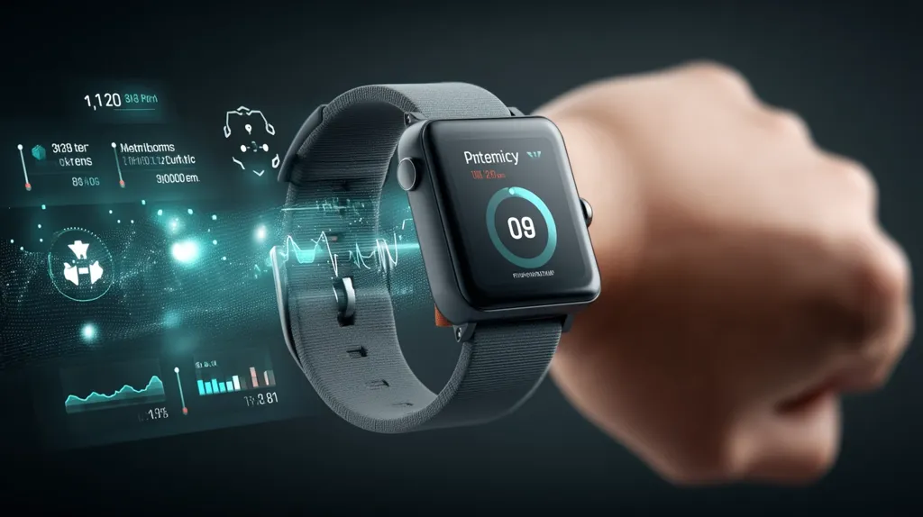 A futuristic smartwatch displays vital health statistics as a holographic projection.  The dark gray watch, worn on a wrist, shows a digital clock and a circular progress indicator.  The projection presents various data points, including numbers and graphs, suggesting advanced health monitoring capabilities.  The overall aesthetic is sleek and technologically advanced.