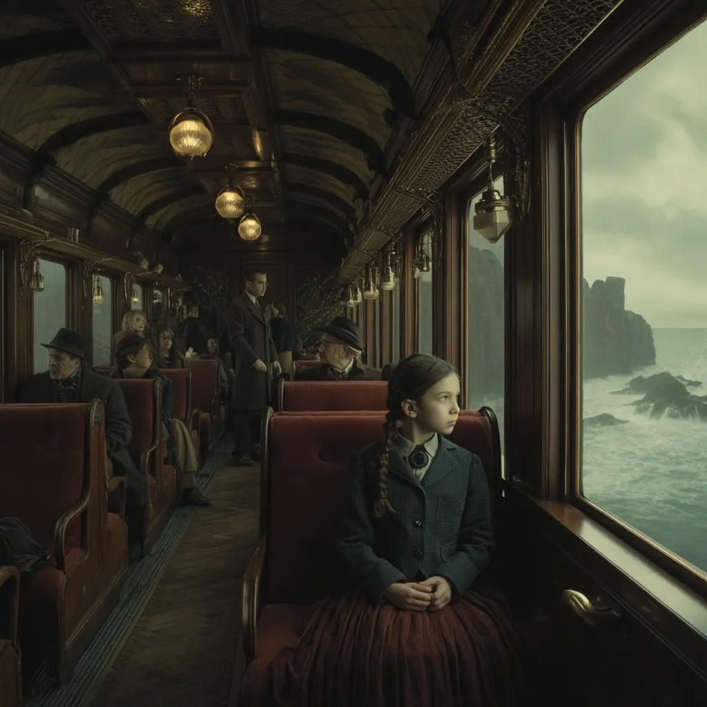 A young girl with braided hair sits by the window of an antique train car, gazing at a stormy ocean view.  Other passengers, dressed in period clothing, occupy the train's plush, dark wood interior.  The train's opulent design and the dramatic seascape create a moody, atmospheric scene.  The overall palette is muted greens and browns.