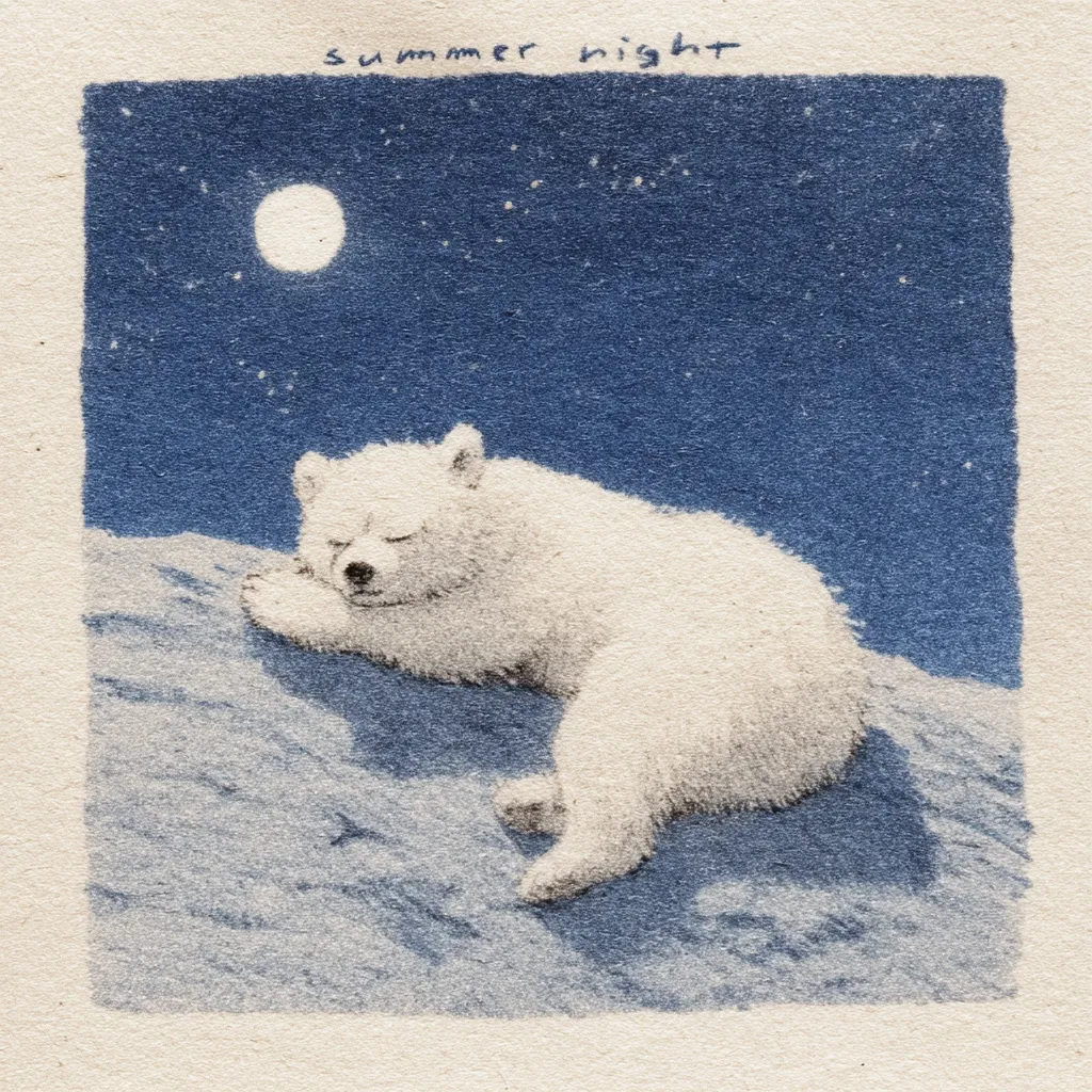 A charming illustration titled "summer night" depicts a polar bear cub peacefully sleeping on a snowdrift under a serene night sky.  The moon shines brightly, illuminating the cub's soft fur and the textured snow.  The artwork employs a muted color palette of blues and whites, creating a tranquil and dreamlike atmosphere.