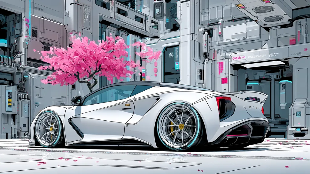 A sleek, white Lotus Evija sports car is parked in a futuristic cityscape.  A vibrant pink cherry blossom tree adds a touch of nature to the sterile, technological environment.  The car's design is sharp and modern, contrasting with the soft pink blossoms scattered on the ground. The background features detailed architectural elements suggesting a technologically advanced urban setting.