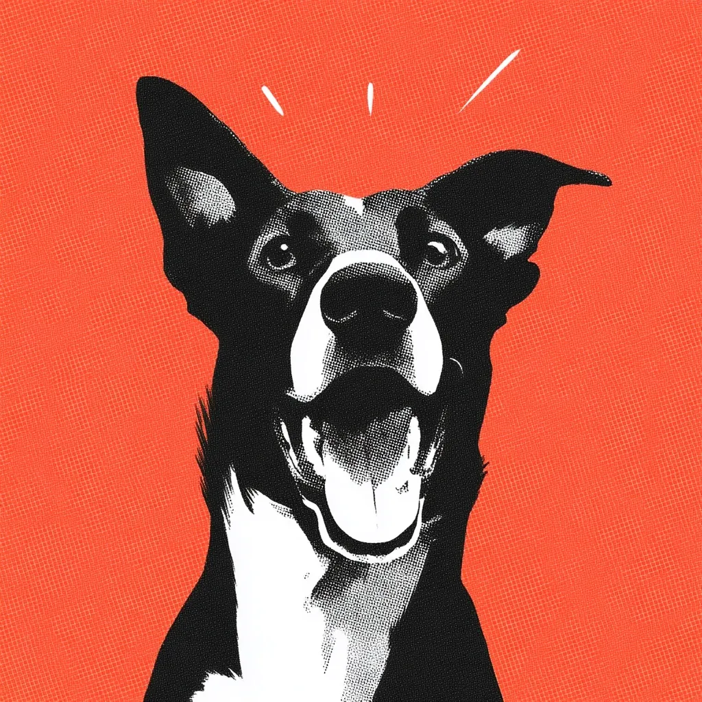 A stylized black and white illustration of a happy dog against a vibrant orange background. The dog, possibly a Border Collie mix, has its tongue out and ears perked, conveying excitement or playful energy. The image uses a bold, graphic style reminiscent of pop art, with a dotted texture adding visual interest.  Small white dashes above the dog's head suggest movement or exclamation.