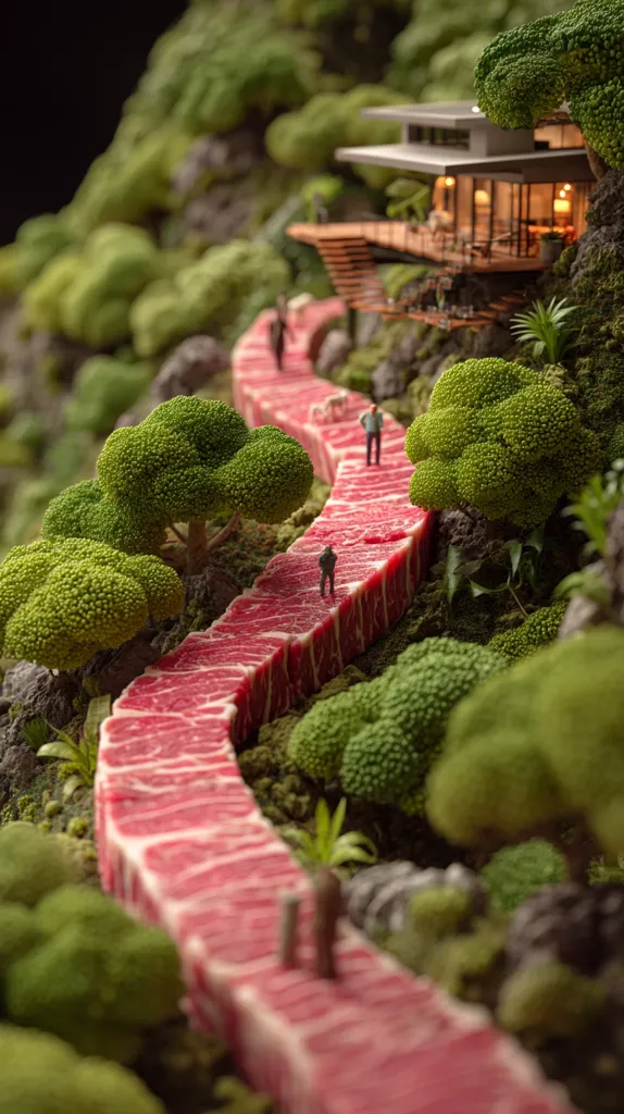 A miniature world is built on a path made of raw meat.  Tiny figures walk along the path, which winds through a lush, mossy landscape. Miniature trees and a modern house are part of the detailed scene. The contrast between the raw meat and the verdant greenery is striking, creating a surreal and intriguing image.