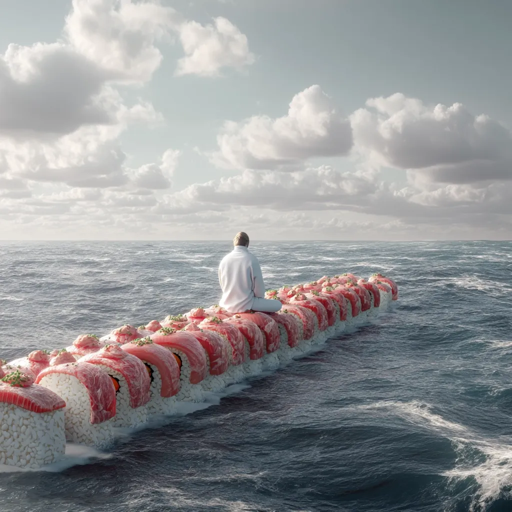 A person sits cross-legged atop a colossal sushi roll floating on a vast, choppy ocean under a cloudy sky.  The scene is surreal, juxtaposing the tranquility of the figure with the unusual scale of the sushi and the immensity of the sea. The image evokes a sense of isolation and contemplation.