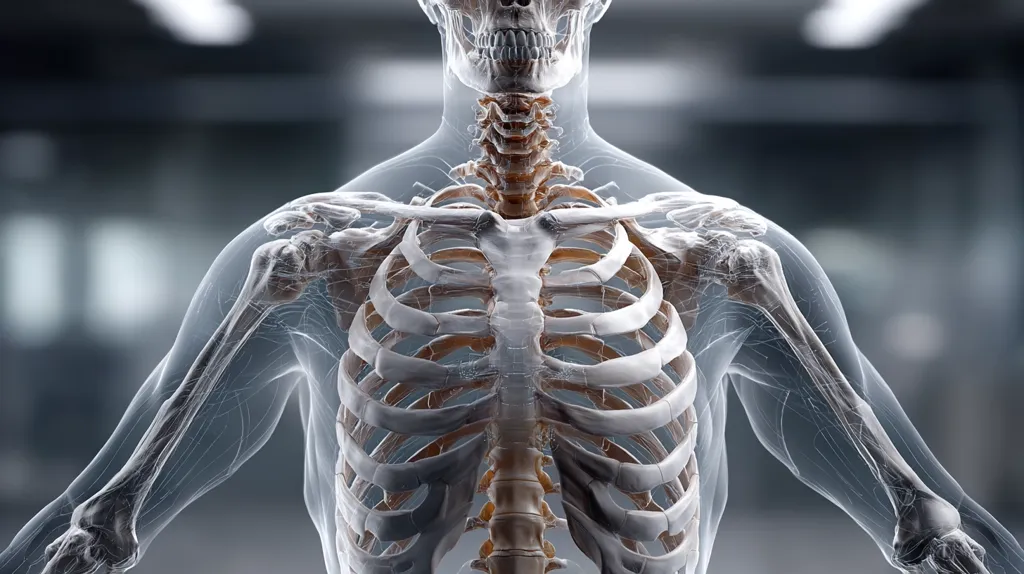 A detailed 3D rendering showcases the human rib cage and upper torso skeleton.  The image is translucent, revealing underlying structures and emphasizing the intricate bone network. The skull and cervical spine are also visible, providing context to the upper body anatomy. The background is blurred, focusing attention on the skeletal detail.