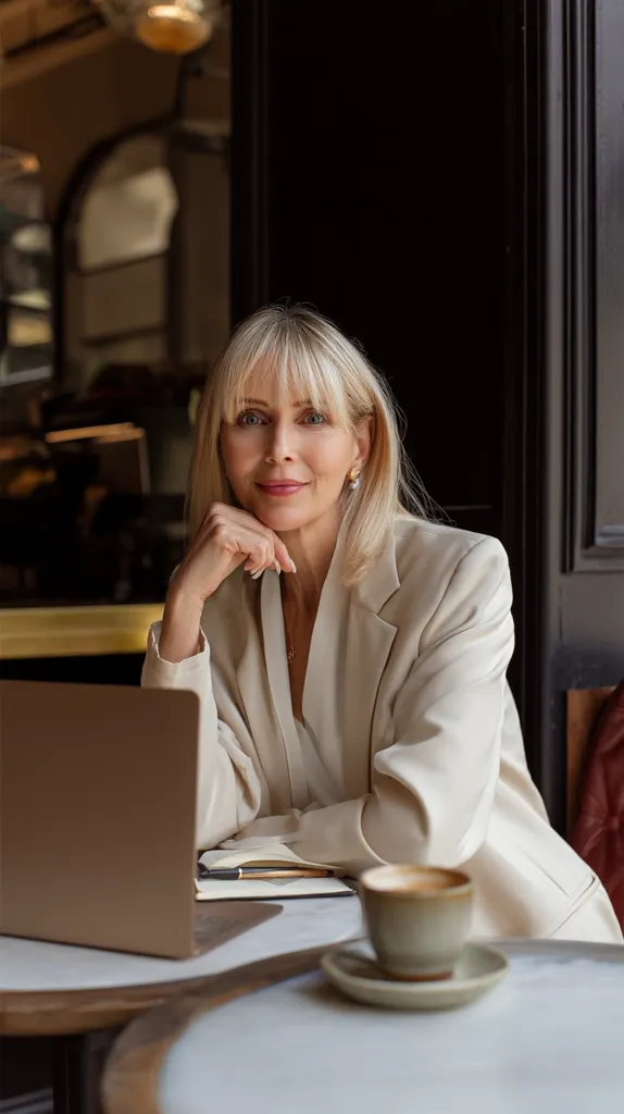 A blonde woman in a beige blazer sits at a small table in a cafe, resting her chin on her hand.  She smiles subtly at the camera, appearing relaxed and confident. A laptop rests on the table in front of her, alongside a notebook and pen. A cup of coffee sits on a saucer nearby. The setting is sophisticated and understated.