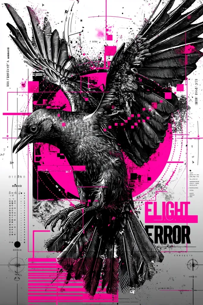 A stylized black and white illustration of a crow in flight dominates the artwork.  Bold pink geometric shapes and digital code fragments are overlaid, creating a vibrant contrast. The words "FLIGHT ERROR" are prominently displayed in pink lettering, suggesting a theme of technological malfunction or disruption within nature. The overall style is a blend of intricate pen-and-ink detailing and graphic design elements.