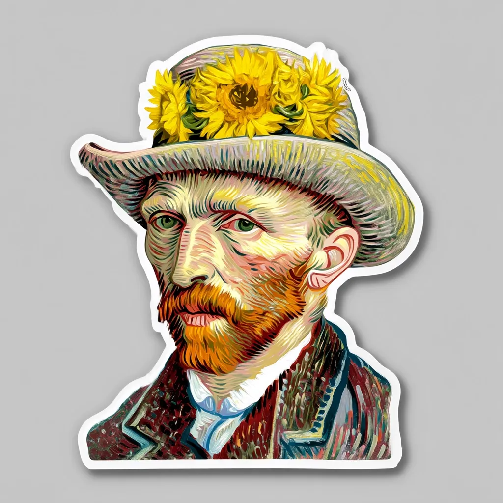 A sticker depicts Vincent van Gogh in his signature style, but with a whimsical twist. He wears a wide-brimmed hat adorned with a crown of sunflowers, a playful nod to his famous paintings.  The vibrant colors and impasto brushstrokes characteristic of Van Gogh's work are faithfully rendered, creating a cheerful and artistic piece. The sticker's white border gives it a clean, modern feel.