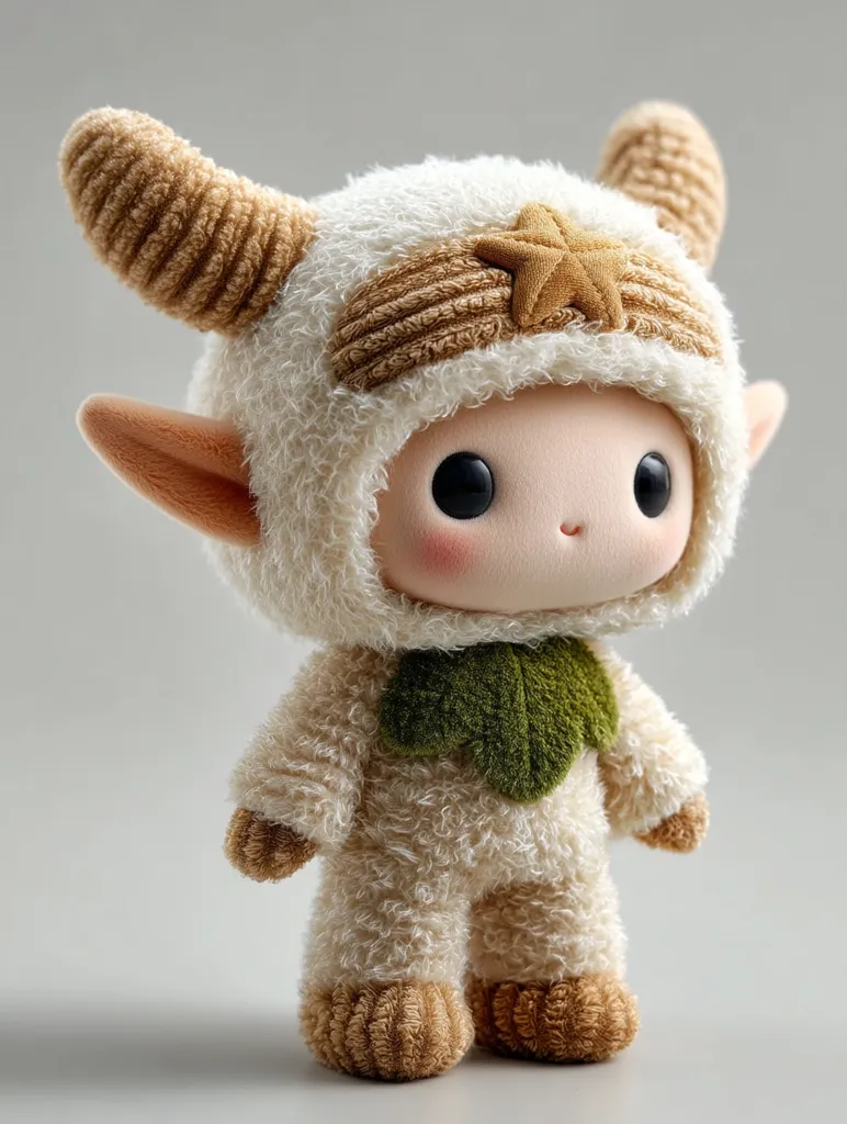 An adorable plush toy, resembling a baby in a lamb costume, stands against a light grey backdrop.  The costume features ribbed brown horns and cuffs, a star detail on the hat, and a small green leaf embellishment.  The toy's large eyes and soft features contribute to its endearing charm. The fluffy texture of the cream-colored lamb's wool is clearly visible.