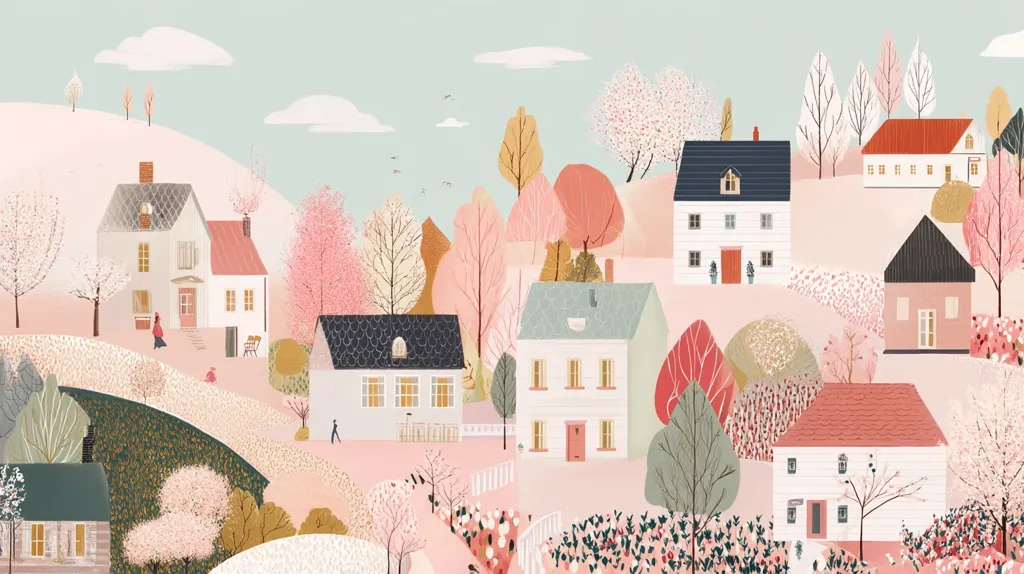 A charming illustration depicts a quaint village nestled on rolling hills.  Pastel-colored houses, adorned with vibrant flowering trees, create a peaceful spring scene.  The style is whimsical and detailed, with figures adding a sense of scale and everyday life to the idyllic setting.  The soft color palette and gentle curves evoke a feeling of calm and tranquility.