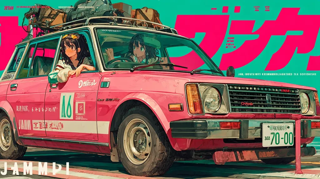A vibrant illustration features a pink vintage car laden with luggage on its roof rack. Two anime-style girls are seated inside, looking outwards.  The car is adorned with Japanese text and a number "16." The backdrop is a stylized teal and pink, with large Japanese lettering.  The overall aesthetic blends retro car culture with anime art.
