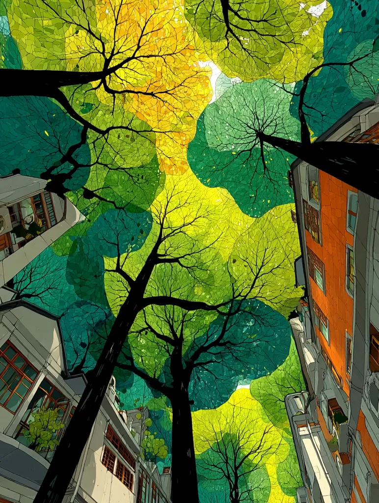 A vibrant illustration depicts a low-angle view of buildings framed by towering trees with multicolored foliage.  The leaves are rendered in shades of green, yellow, and teal, creating a stained-glass effect.  The dark silhouettes of the tree trunks contrast sharply against the bright, colorful canopy above, providing a striking visual juxtaposition.  The buildings appear stylized, almost architectural sketches, complementing the artistic rendering of the trees and foliage.
