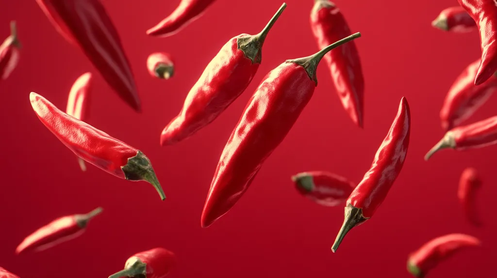 Many vibrant red chili peppers are suspended in mid-air against a solid red background.  They are falling and rotating at various angles, showcasing their glossy texture and vibrant color. The image creates a dynamic and energetic feel, suggesting a sense of movement and spice.  The overall effect is visually striking and appetizing.