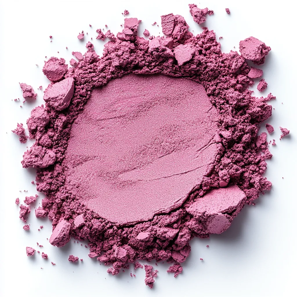 A close-up shot reveals a circular swatch of crushed mauve-pink eyeshadow powder on a white background.  The powder is finely milled, creating a smooth texture in the center, while the edges are broken into small, irregular pieces, showcasing its crumbly consistency. The vibrant color contrasts beautifully with the stark white backdrop.